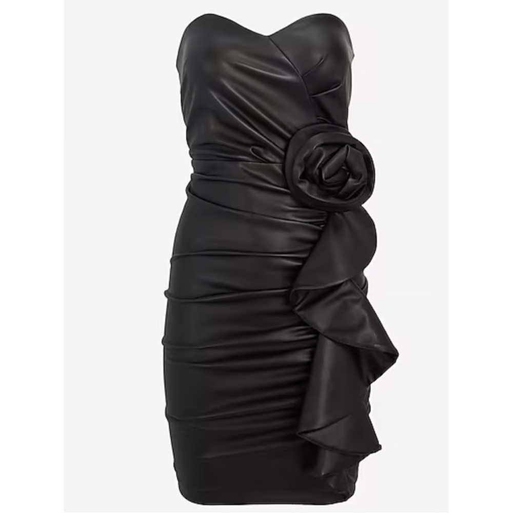 NWT Express Black Faux Leather Strapless Floral Accent Ruffle Bodycon Dress XS